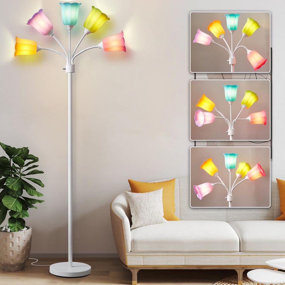 NatySwan 67 in. White 5-Head Colorful Tulip Tree Floor Lamp, 6