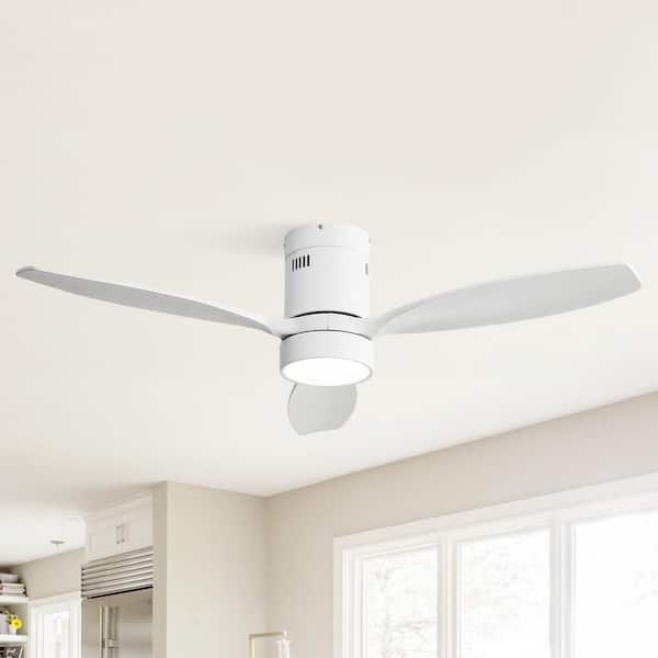 Sofucor 52 in.Indoor/Outdoor Wood White Flush Mount Ceiling Fan with Light and Remote Control