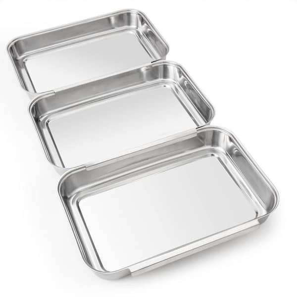 Silver Stainless Steel Breading Pan Set with Interlocking Oven Safe Stackable Design for Marinating Meat Fish 3 Pcs