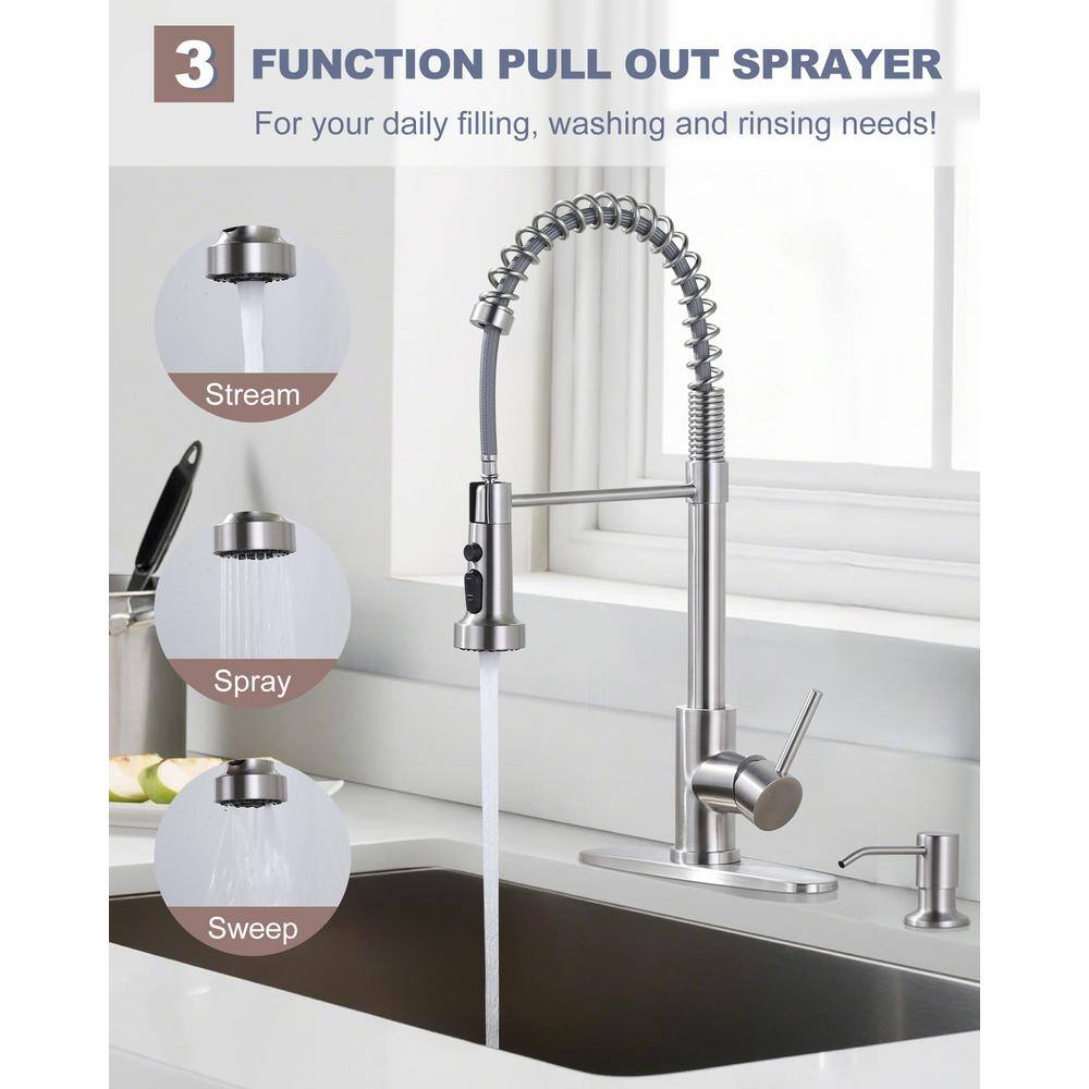 Brushed Nickel Single Handle Pull Down Kitchen Faucet with Soap Dispenser