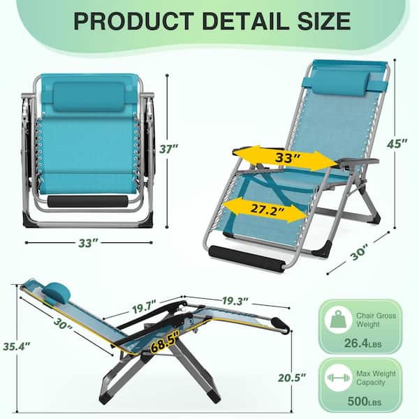 33 in.W Oversized Zero Gravity Chair Metal Outdoor Chaise Lounge with Light Blue Removable Cushion and Headrest