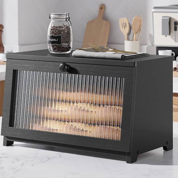 1 Piece Large Capacity Bamboo Bread Box Black Kitchen Countertop Organizer with Window Multi-functional Set