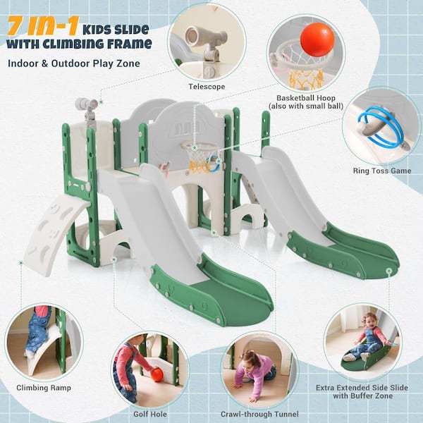 Green 7 in. 1 Toddler Freestanding Slide Set with Slide, Arch 