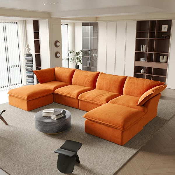 J&E Home 162.9 in. Flared Arm 6-Piece Linen Down-Filled Deep Seat Free Combination Modular Sectional Sofa with Ottoman in. Orange