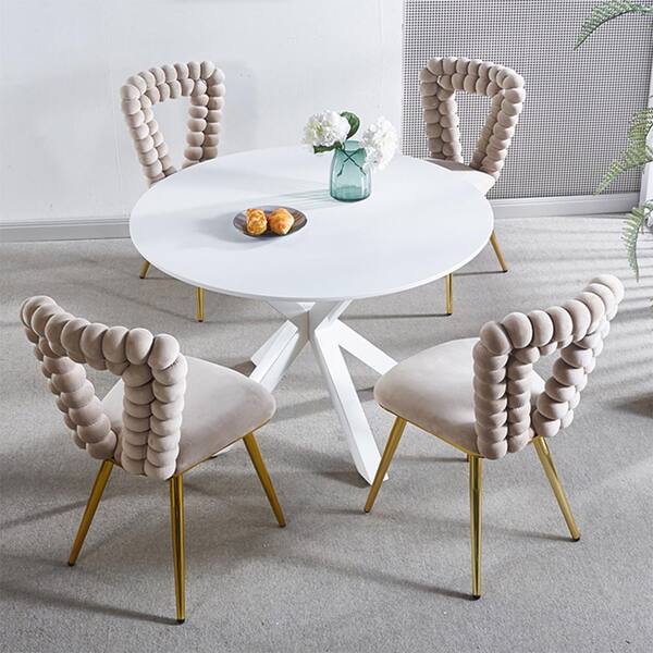 YOFE White and Gold Fabric Upholstered Modern Accent Chair, Side