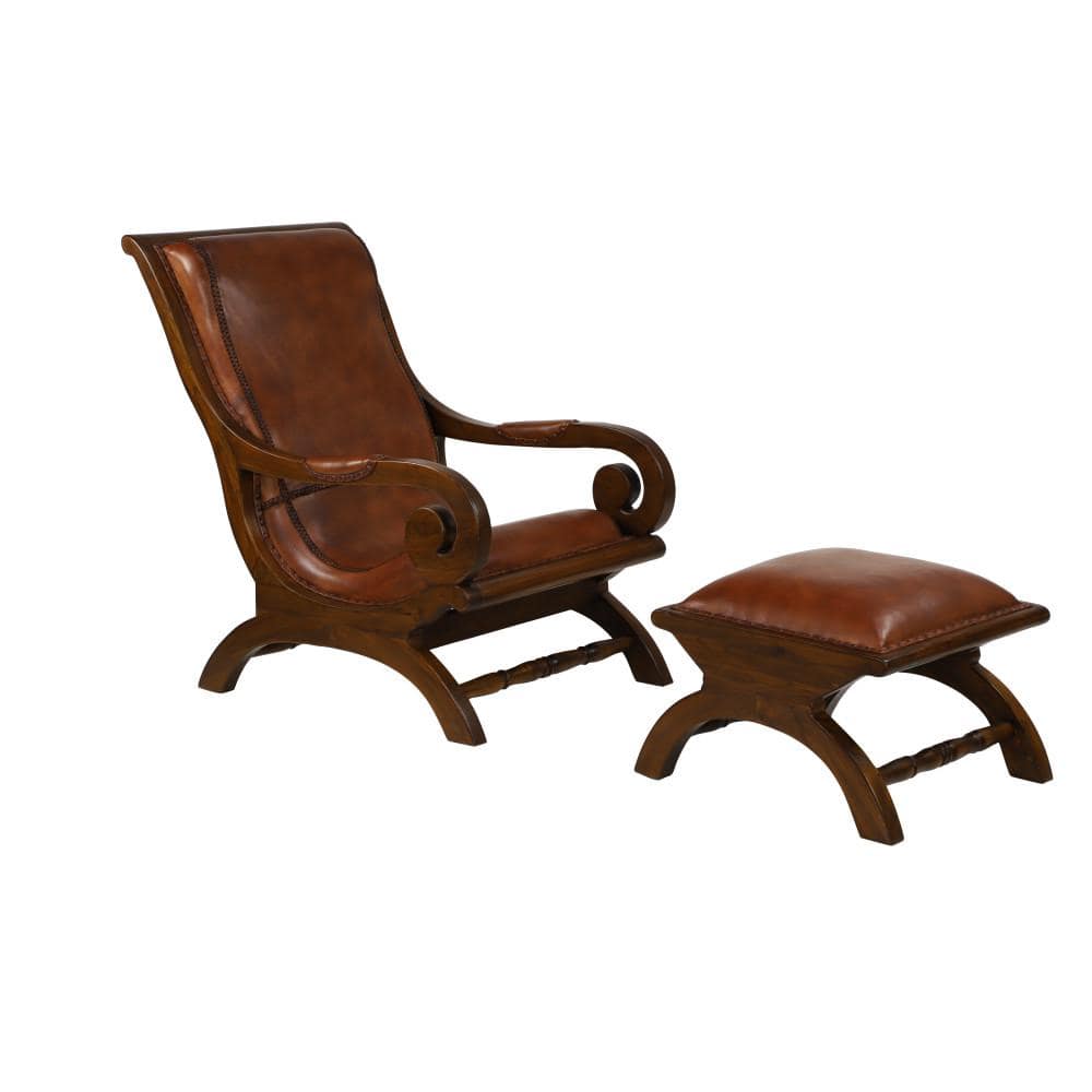 Handcrafted Brown Leather and Teak Wood Accent Chair with Ottoman