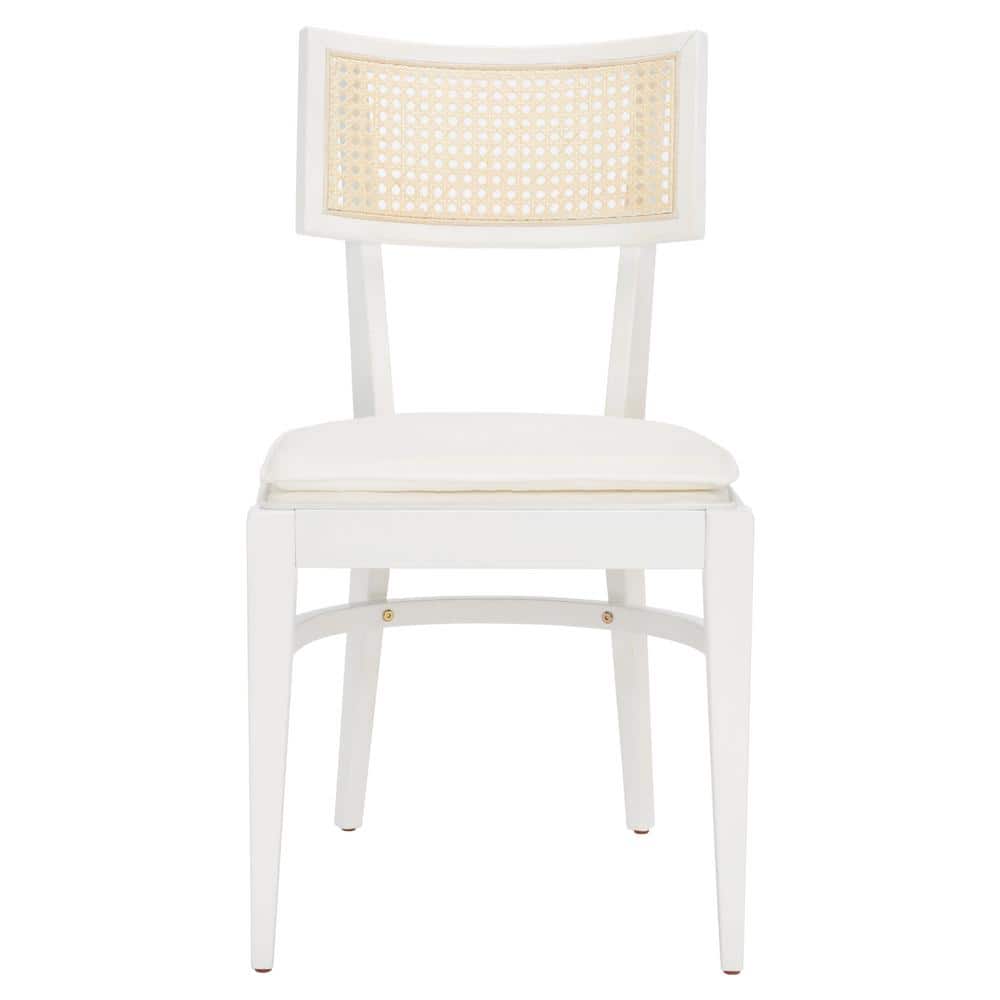 White Rubberwood Upholstered Dining Chair with Cane Backrest