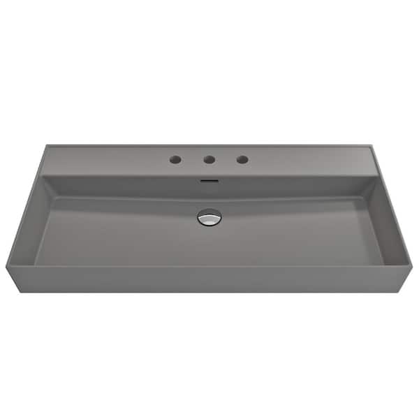 BOCCHI Milano 39.75 in. 3-Hole Matte Gray Fireclay Rectangular Wall-Mounted Bathroom Sink with Overflow