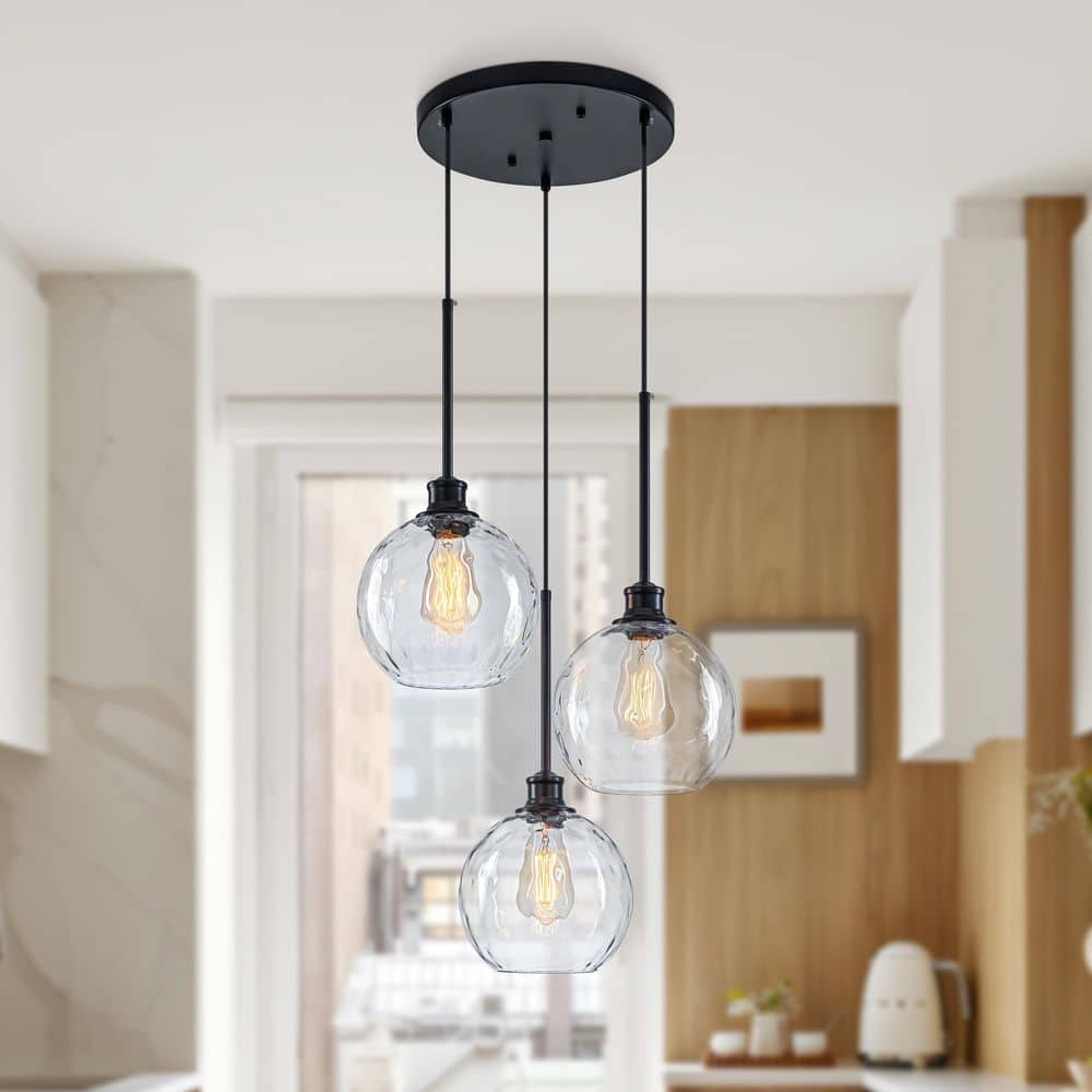 Glazure 3-Light Matte Black Modern Transitional Clear Water Ripple Glass Globes Pendant Light with Round Canopy price history on PriceWatchPro