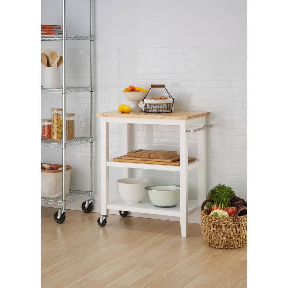 White and Oak Rubberwood Kitchen Cart with Storage