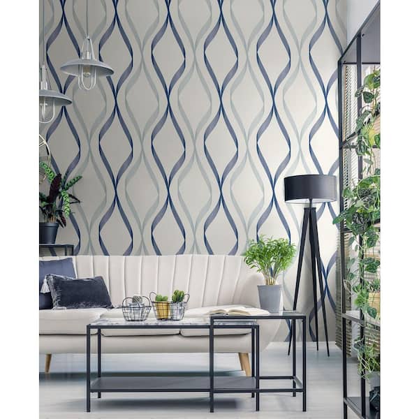 Celtic Blue and Dewdrop Wave Ogee Unpasted Nonwoven Wallpaper Roll 57.5 sq. ft.