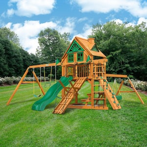Frontier Treehouse Wooden Outdoor Playset with Tire Swing, Rock Wall, Wave Slide, and Backyard Swing Set Accessories