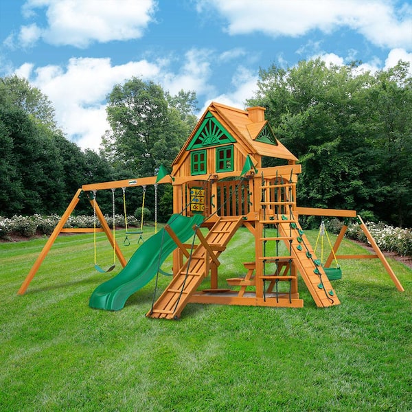 Gorilla Playsets Frontier Treehouse Wooden Outdoor Playset with Tire Swing, Rock Wall, Wave Slide, and Backyard Swing Set Accessories