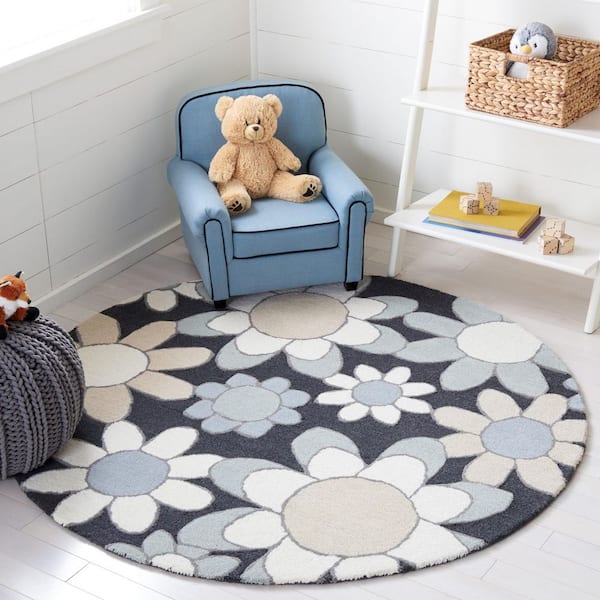 Kids 5 ft. x 5 ft. Charcoal/Ivory Oversized Floral Round Area Rug