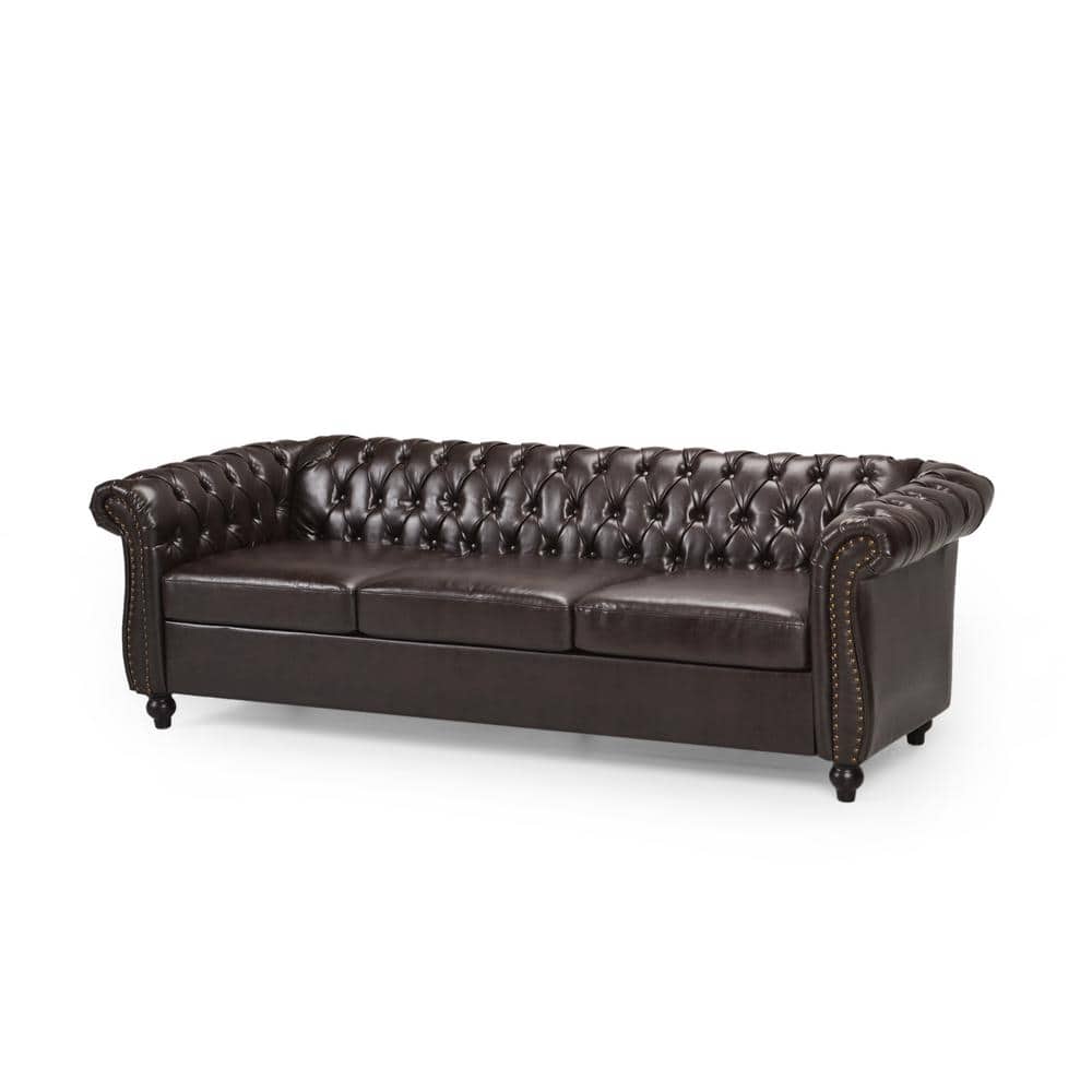 Elegant Brown Faux Leather Chesterfield Sofa with Nailhead Accents