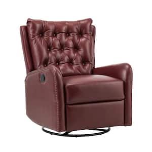 Herbert Burgundy Genuine Leather Manual Swivel Recliner Nursery Chair with Nailhead Trims