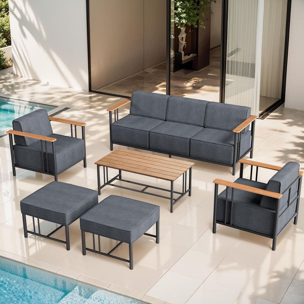 BoulderSeat Black Metal Patio Conversation Set with 10 in. Thick Olefin Dark Gray Cushions Patio Lounge Chairs (6-Piece) price history on PriceWatchPro