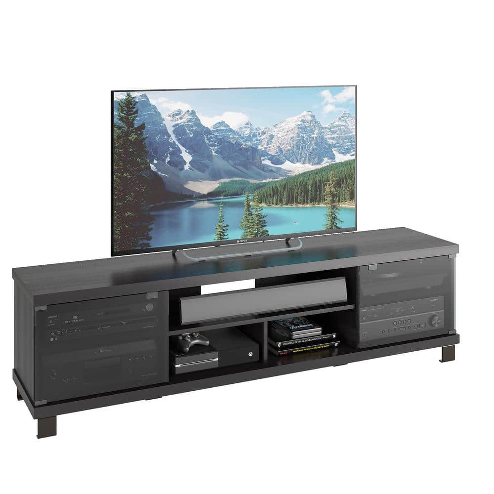 Ravenwood Black Extra-Wide TV Bench with Glass Doors, Fits Up to 80" TVs
