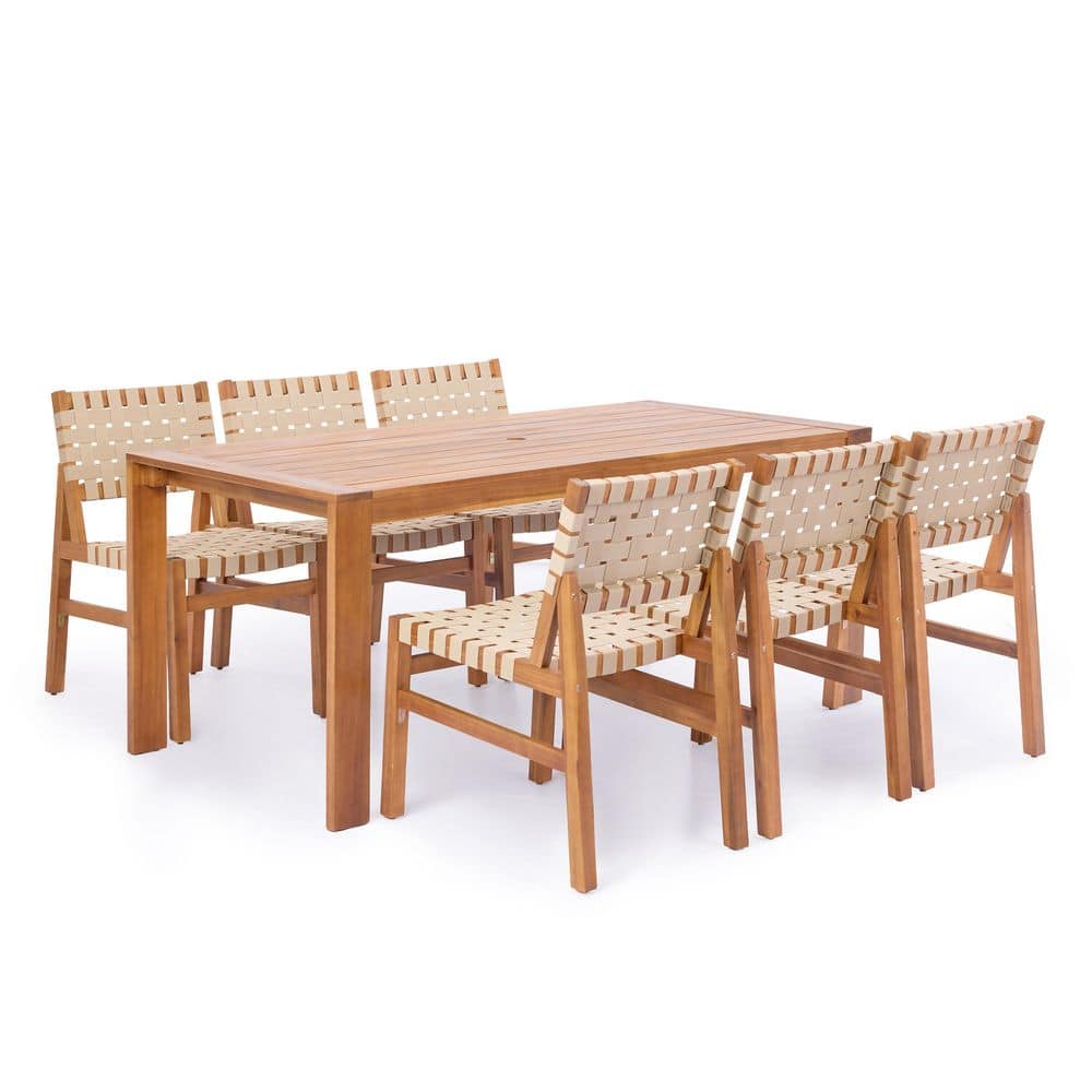 Ellie Teak Finish 7-Piece Solid Wood Rectangular Patio Outdoor Dining Set with Umbrella Hole, Chair with Beige Rope