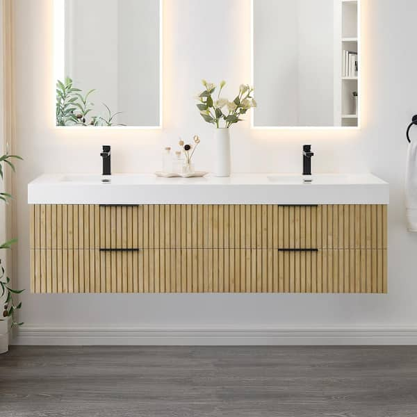 Livia 72 in. W Double Sink Floating Bath Vanity in Nature Brown with White Stone Top