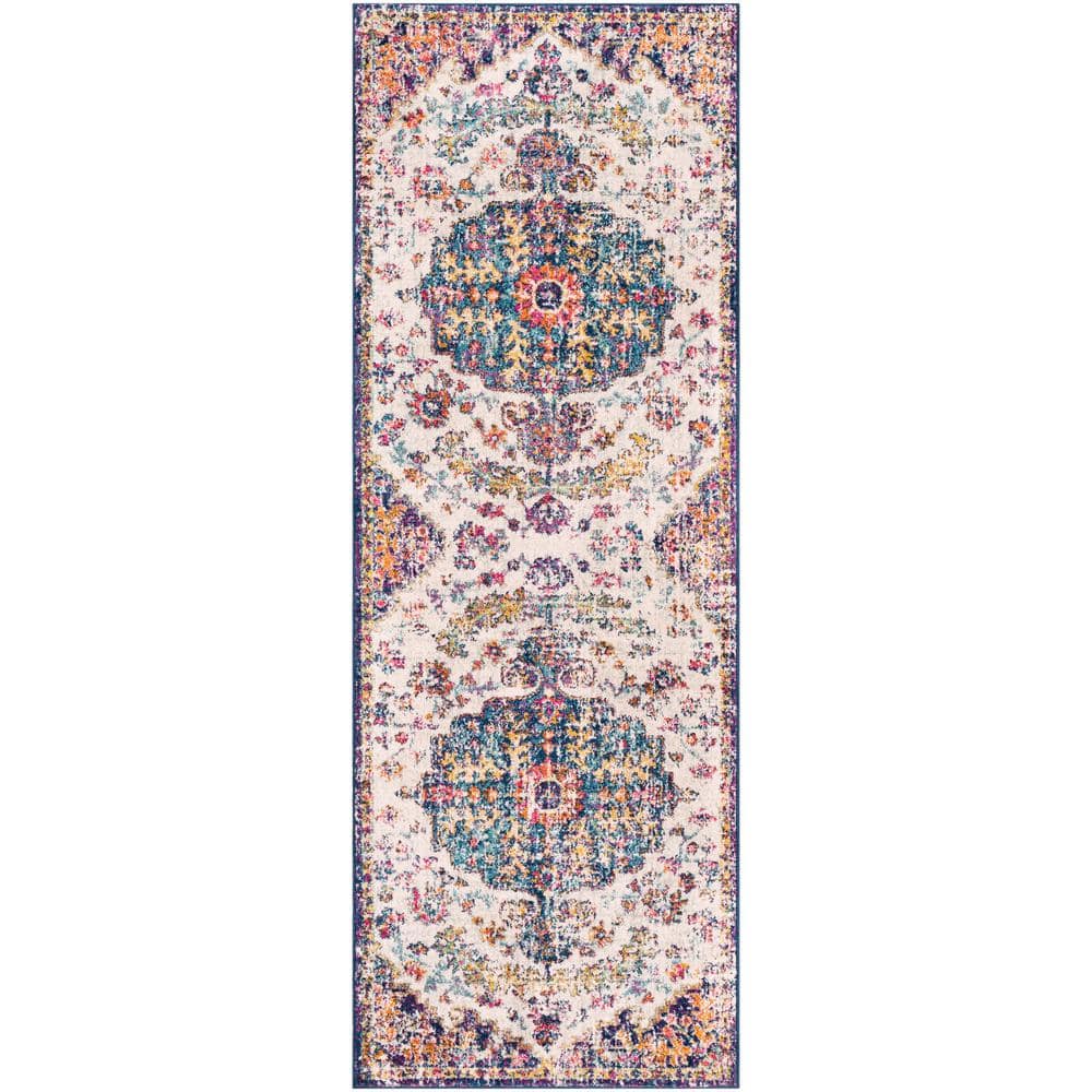 Dark Blue Distressed Medallion Runner Rug, 2'7" x 7'3", Polypropylene