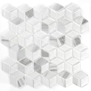 Art Deco Carrara White Diamond Mosaic 2 in. x 2 in. Marble Look Glass Peel and Stick Wall Tile (7 sq. ft./Case)