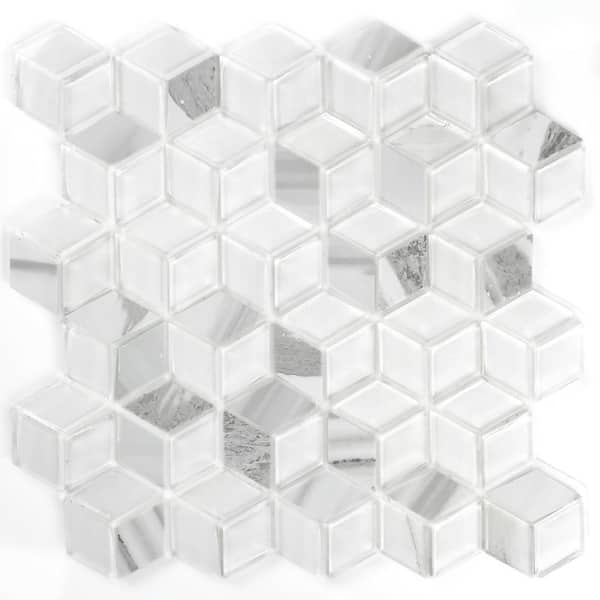 ABOLOS Art Deco Carrara White Diamond Mosaic 2 in. x 2 in. Marble Look Glass Peel and Stick Wall Tile (7 sq. ft./Case)