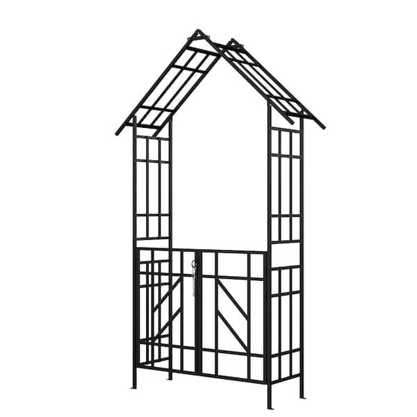 97.24 in. Black Metal Garden Arch Trellis with Gate Outdoor Climbing Plants Support Rose