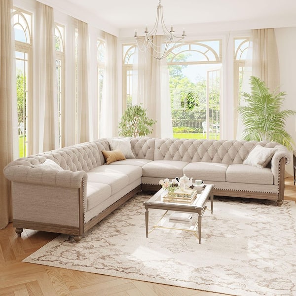 104 in. Mirod Comfy Large Polyester Sectional Sofa with Wooden Legs in Beige