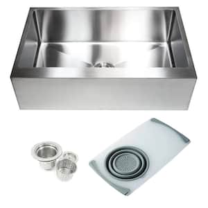 16-Gauge Stainless Steel 33 in. Flat Front Single Bowl Farmhouse Apron Kitchen Sink with Colander and Strainer