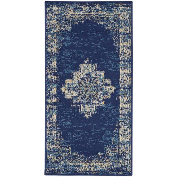 Nourison Grafix Navy Blue doormat 2 ft. x 4 ft. Persian Medallion Transitional Kitchen Area Rug