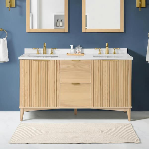 OVE Decors Gabi 60 in. W x 22 in. D x 35 in. H Double Sink Bath Vanity in Rustic Ash with White Engineered Stone Top