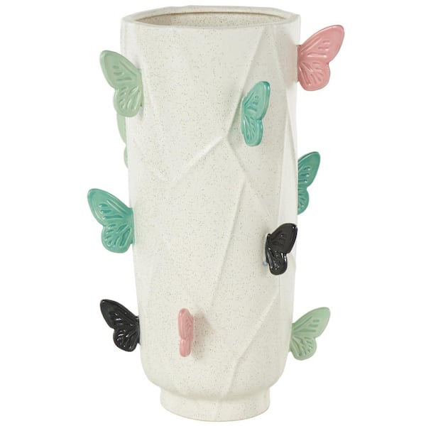 Litton Lane 16 in. White Wide Ceramic Butterfly Decorative Vase with Multicolor Accents