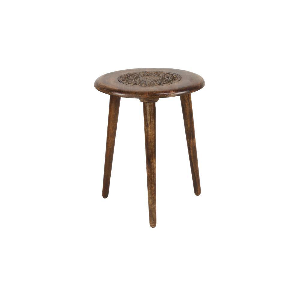 Handcrafted Dark Brown Mango Wood Floral Carved Round Accent Table