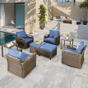 Nyajiah 8-Piece Wicker Patio Conversation Set with Blue Cushions