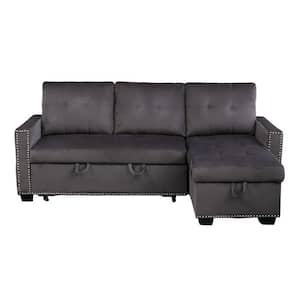 76.8 in.Dark Grey Velvet Fabric Reversible Reversible Sleeper 2-Seat Sectional Sofa L-Shape Sofa Bed With Storage