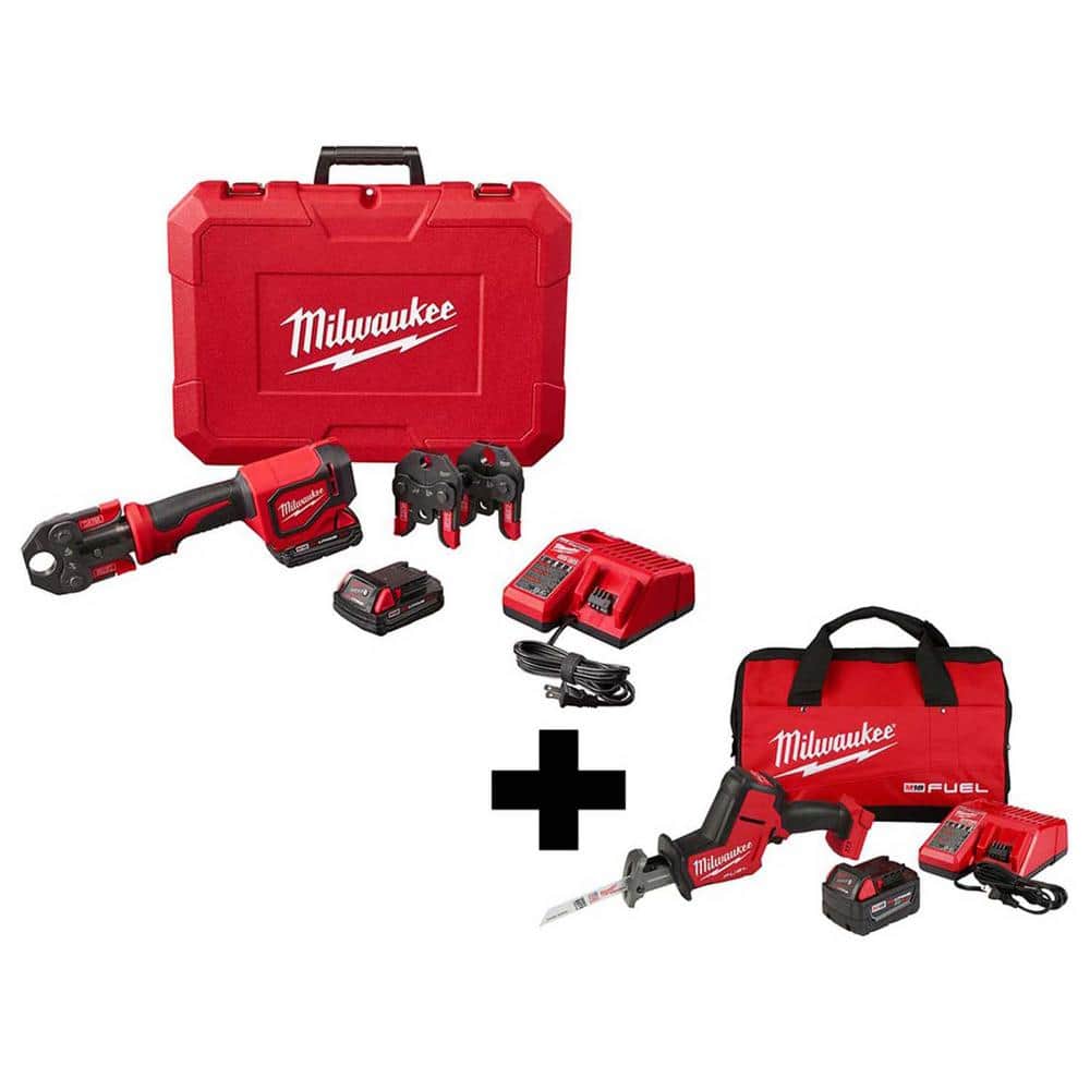 Milwaukee M18 18-Volt Lithium-Ion Cordless Short Throw Press Tool Kit with 3 PEX Crimp Jaws with M18 FUEL HACKZALL Saw Kit -  2674-22C-2719