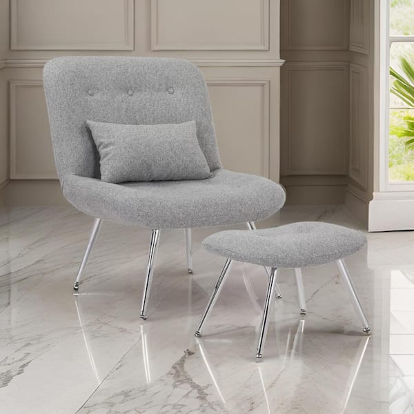 Benjara Lea Gray and Chrome Woven Fabric Lounge Chair (Set of 2) with Ottoman