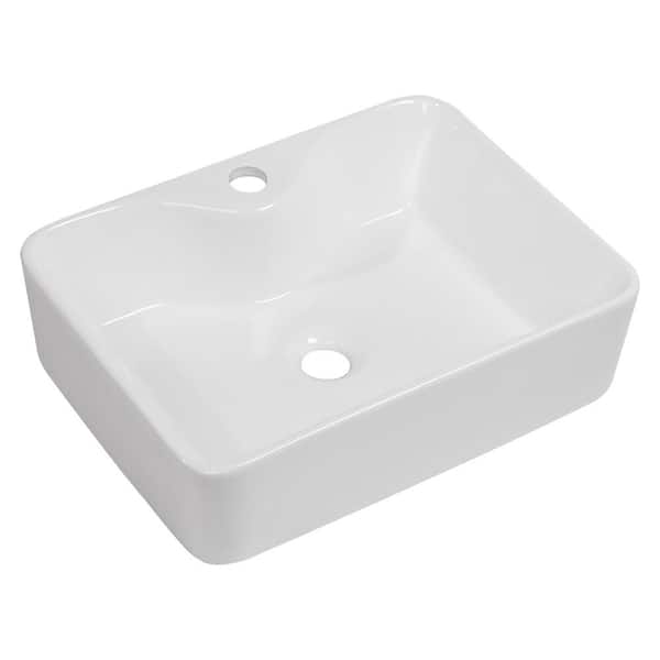 Logmey 19 in. W x 15 in. D Rectangle White Ceramic Bathroom Vessel Sink Above Counter Porcelain Art Basin with Faucet Hole