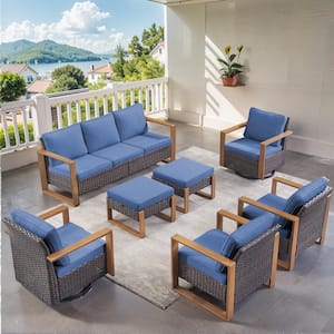 Allcot Brown Wicker 7-Piece Patio Sofa Set Outdoor Deep Seating Conversation Set with Blue Cushions