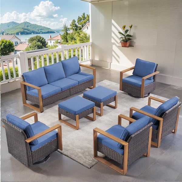 Gymojoy Allcot Brown Wicker 7-Piece Patio Sofa Set Outdoor Deep Seating Conversation Set with Blue Cushions