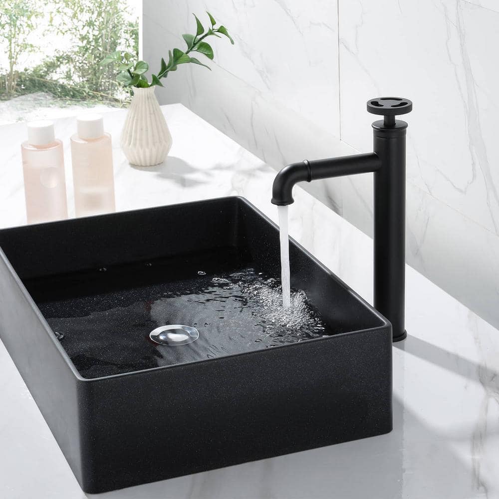 Matte Black Tall Brass Vessel Sink Faucet with Knob Handle