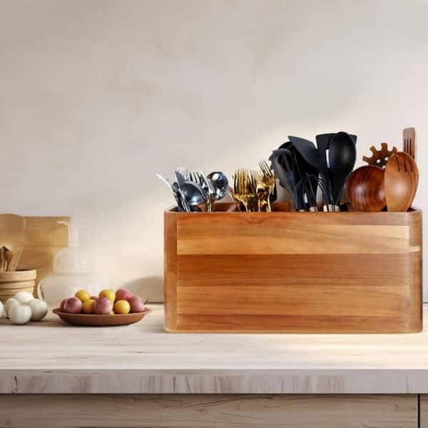 Extra Large Acacia Rustic Wood Kitchen Utensil Holder Organizer with 4 Compartment for Counter or Countertop, Natural