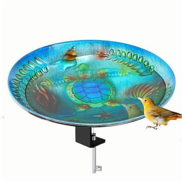 Deck Mounted Bird Bath Detachable Birdbath Bowl with Sturdy Clamp Outdoor Bird Baths Bowl (Ocean Blue Turtle)