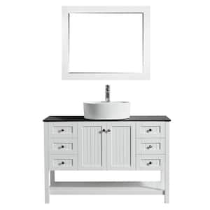 Modena 48 in. Bath Vanity in White with Tempered Glass Vanity Top in Black with White Vessel Sink and Mirror