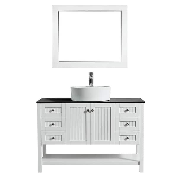 ROSWELL Modena 48 in. Bath Vanity in White with Tempered Glass Vanity Top in Black with White Vessel Sink and Mirror