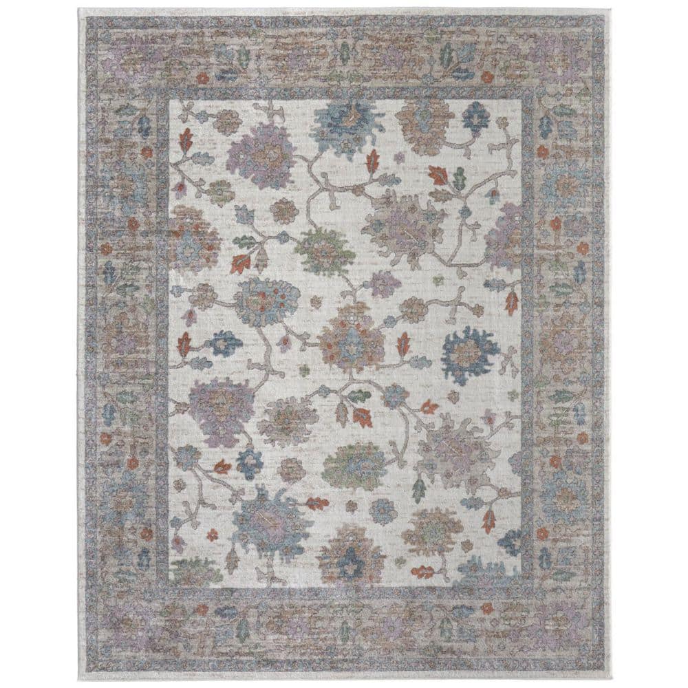 9' X 12' Ivory Brown And Blue Floral Distressed Area Rug