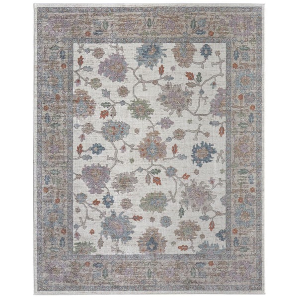 9 ft. x 12 ft. Ivory Brown And Blue Floral Distressed Area Rug