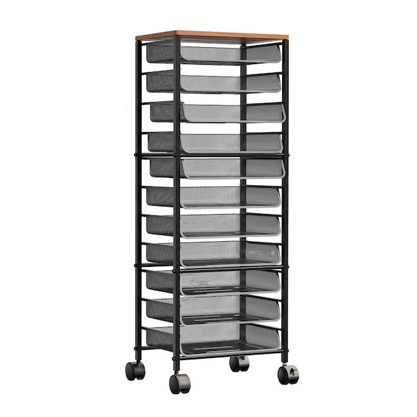 1 Piece 12 Tier Black Rolling File Cart with Sliding Trays and Wooden Top, Metal Mesh Organizer for Office Home School