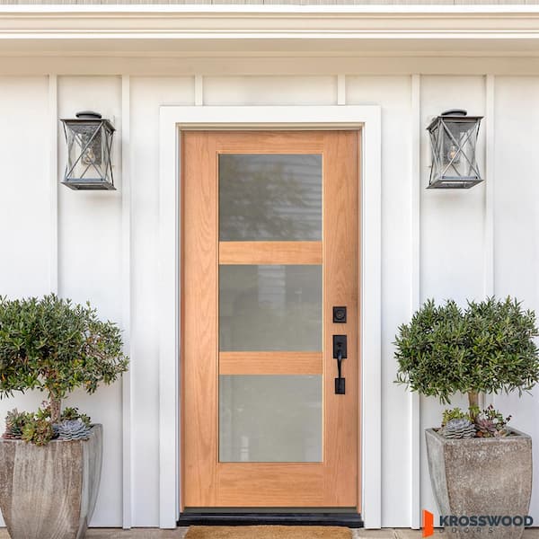 BRIGHTON Modern 36 in. x 80 in. 3-Lite Universal/Reversible Satin Glass Unfinished Fiberglass Front Door Slab